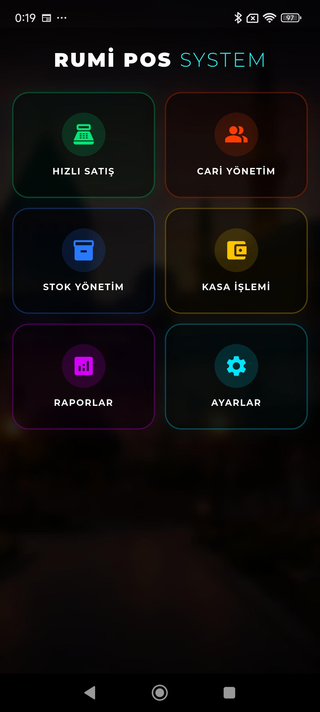 Rumi POS Mobil ana sayfa ekranı — modül kartları ve menü