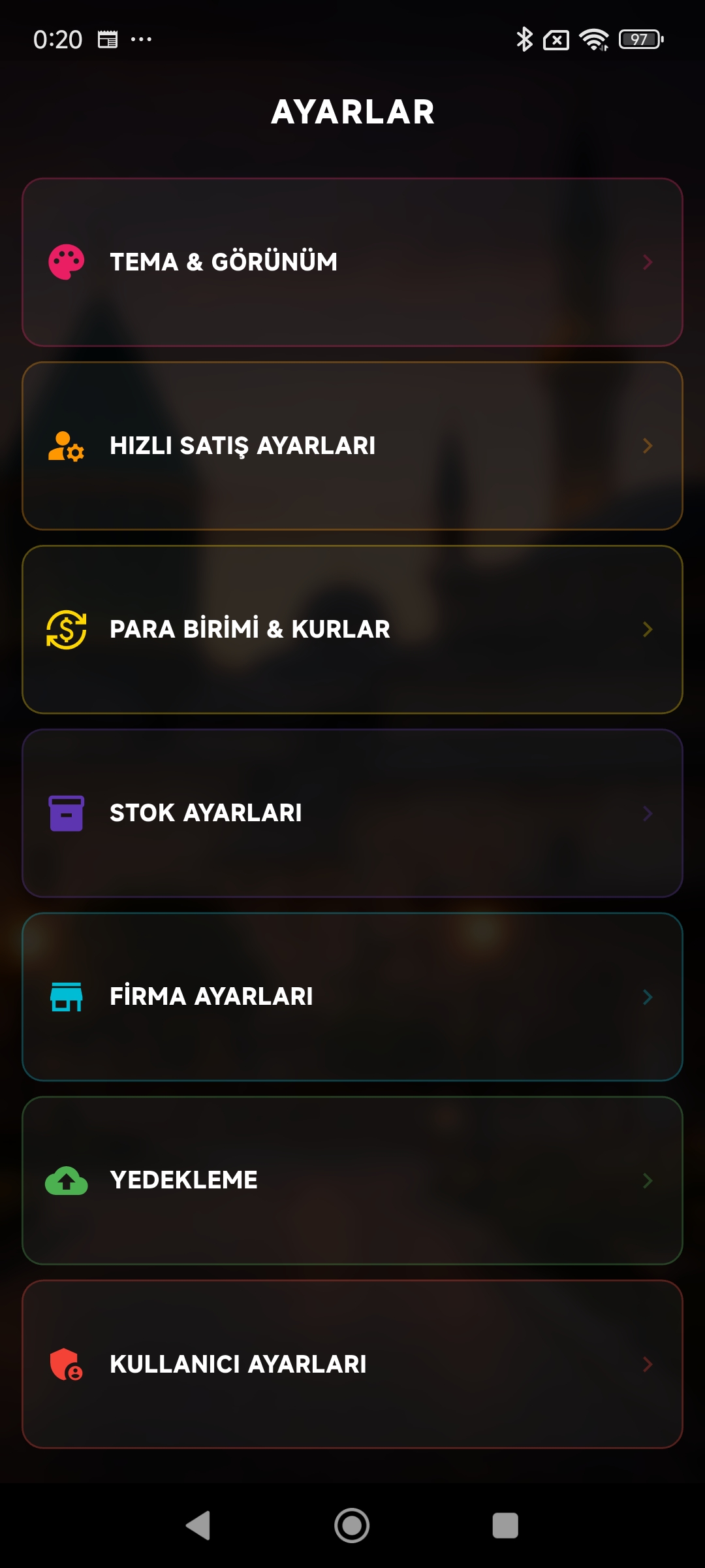 Rumi POS Mobil gelişmiş ayarlar sayfası — uygulama ve işletme ayarları