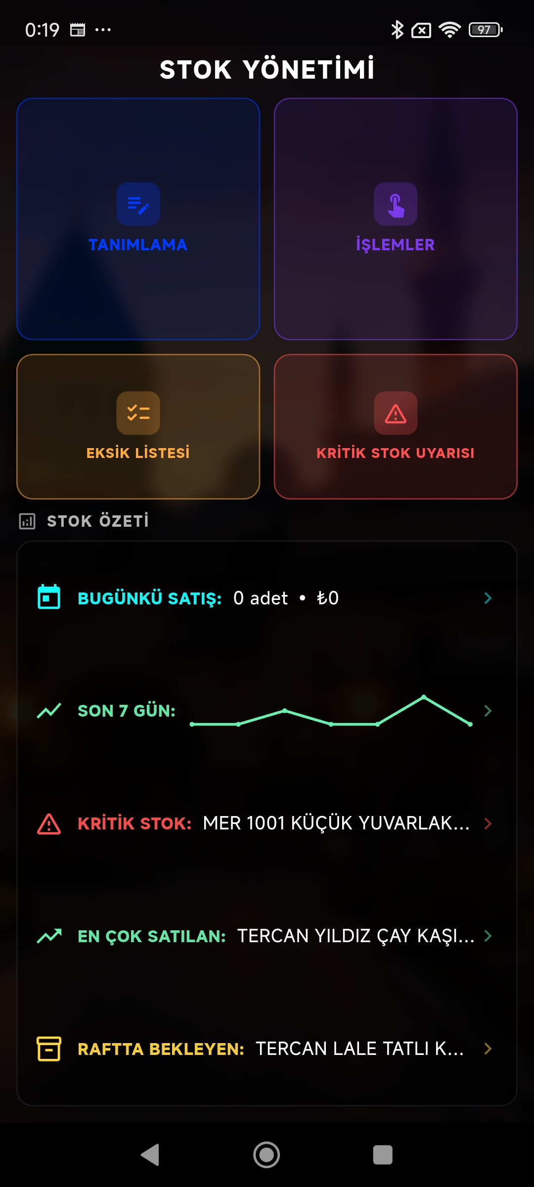 Rumi POS Mobil stok yönetimi ekranı — ürün listesi ve stok bilgisi
